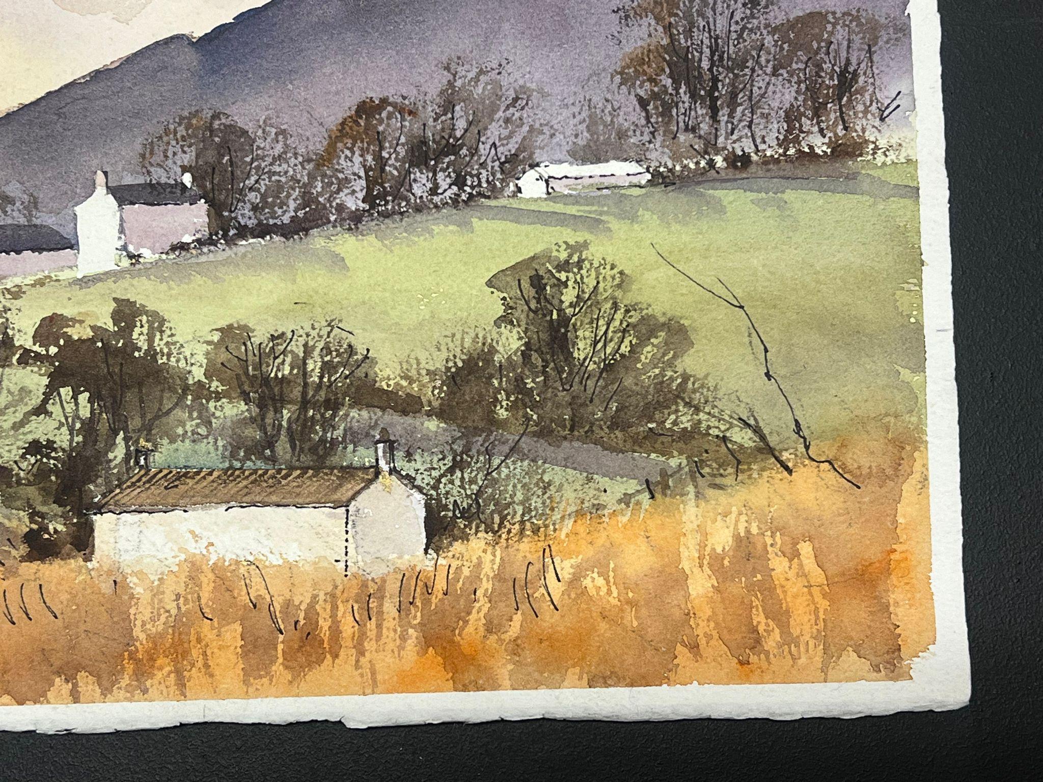 British Impressionist Watercolor White Houses In Purple Mountain Landscape - Beige Landscape Painting by Anthony Avery