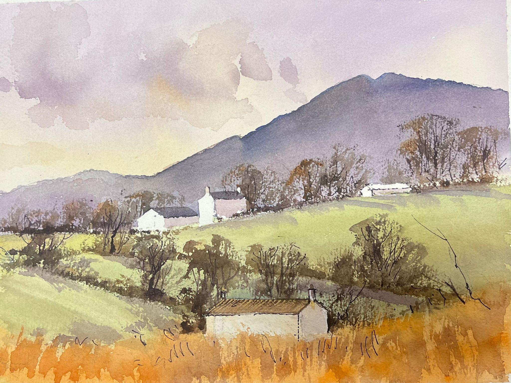 Anthony Avery Landscape Painting - British Impressionist Watercolor White Houses In Purple Mountain Landscape
