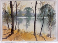 Aquarelle impressionniste britannique originale de l'atmosphère de Misty Lake Woodland View