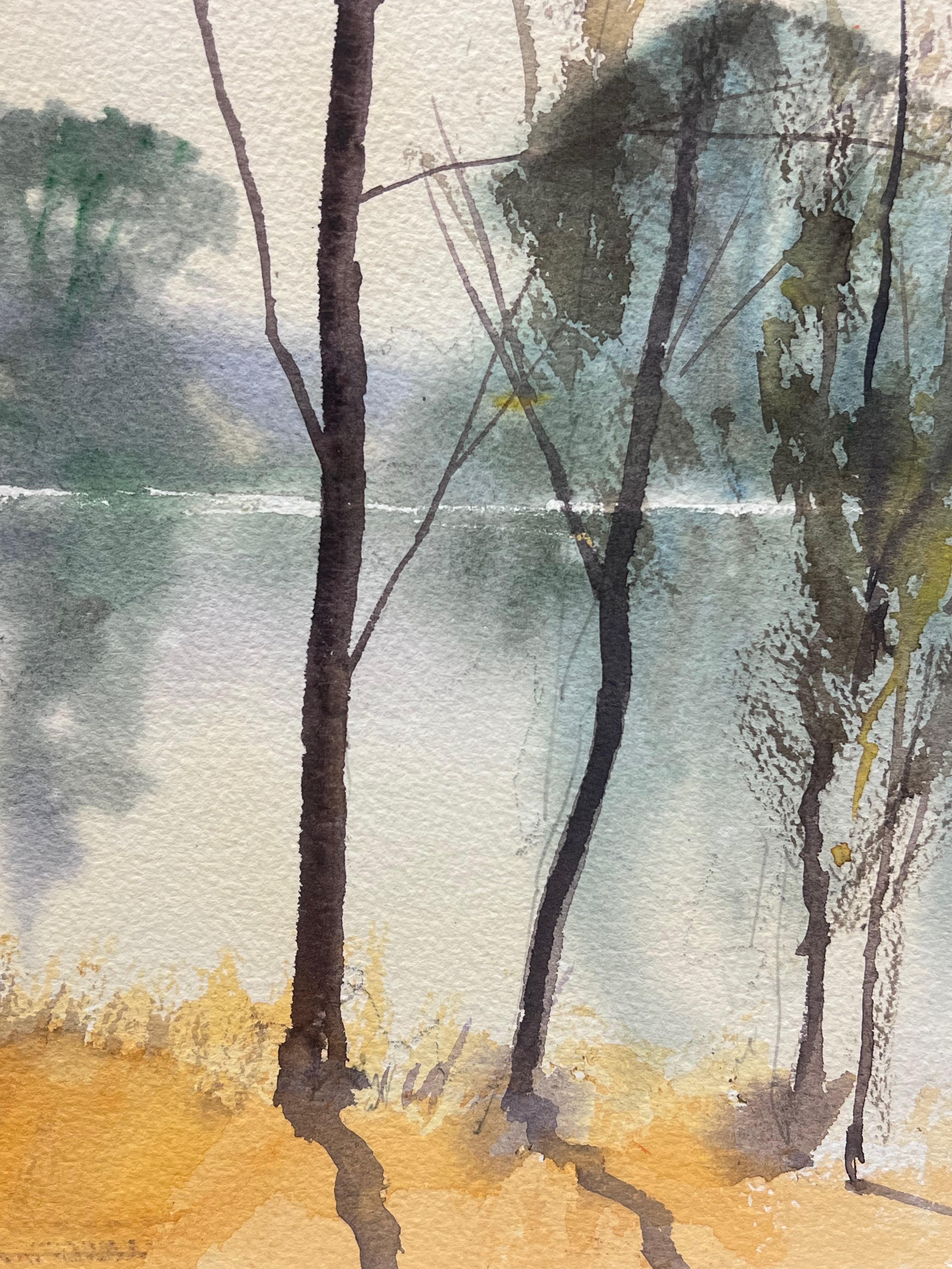 Aquarelle impressionniste britannique originale de l'atmosphère de Misty Lake Woodland View - Marron Landscape Painting par Anthony Avery