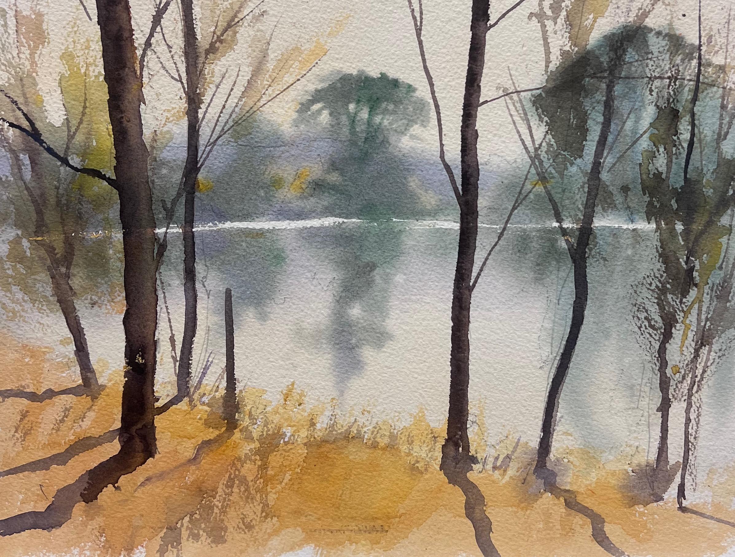 Britische Original-impressionistische Aquarell-Aquarell- atmosphärische Mischung aus See-Holzland-Ansicht