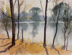 British Original Impressionist Watercolor Atmospheric Misty Lake Woodland View