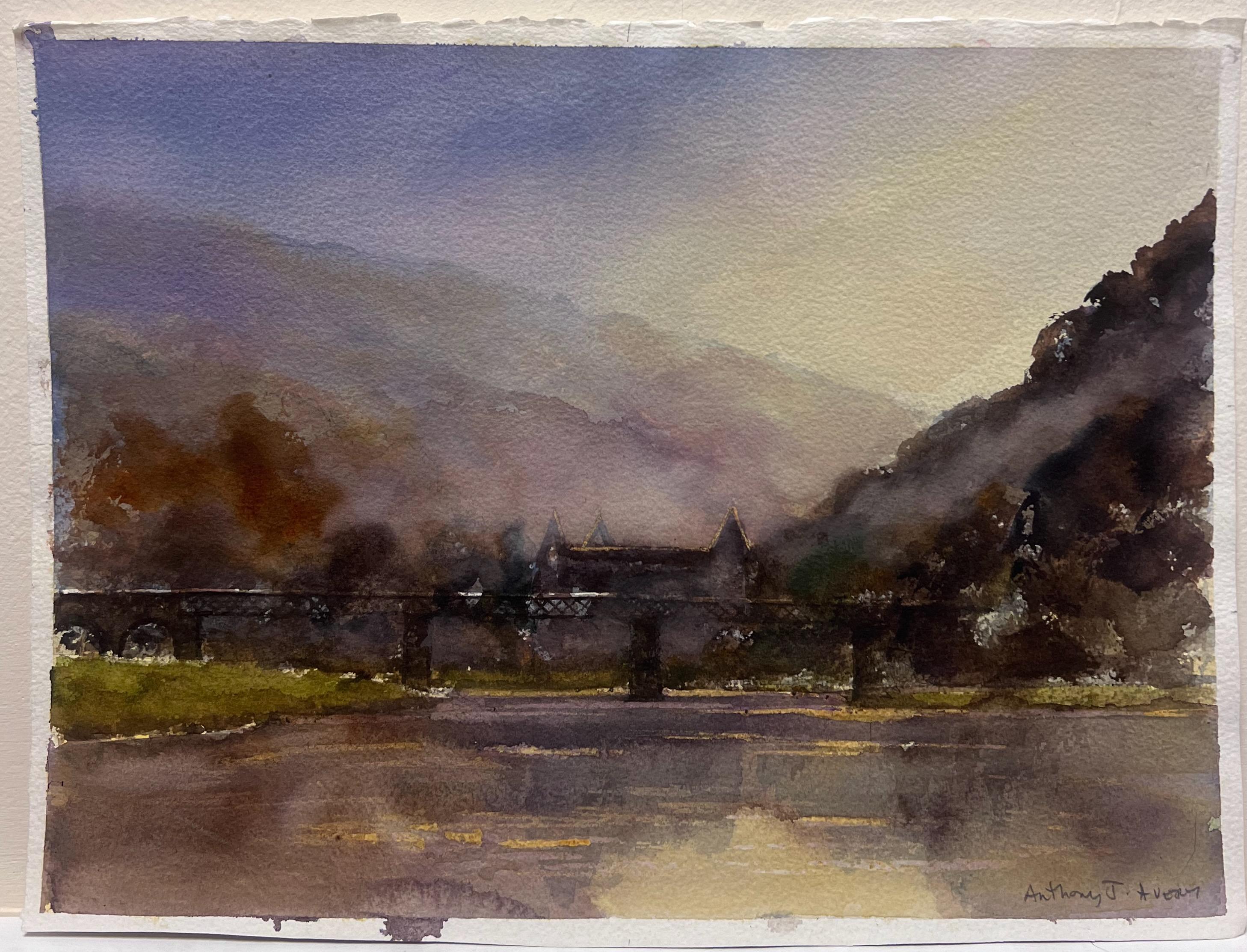 British Original Impressionist Watercolor Atmospheric River Landscape Old Bridge - Painting by Anthony Avery