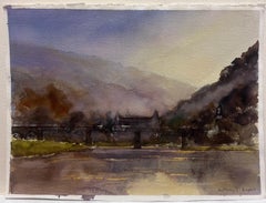 British Original Impressionist Watercolor Atmospheric River Landscape Old Bridge