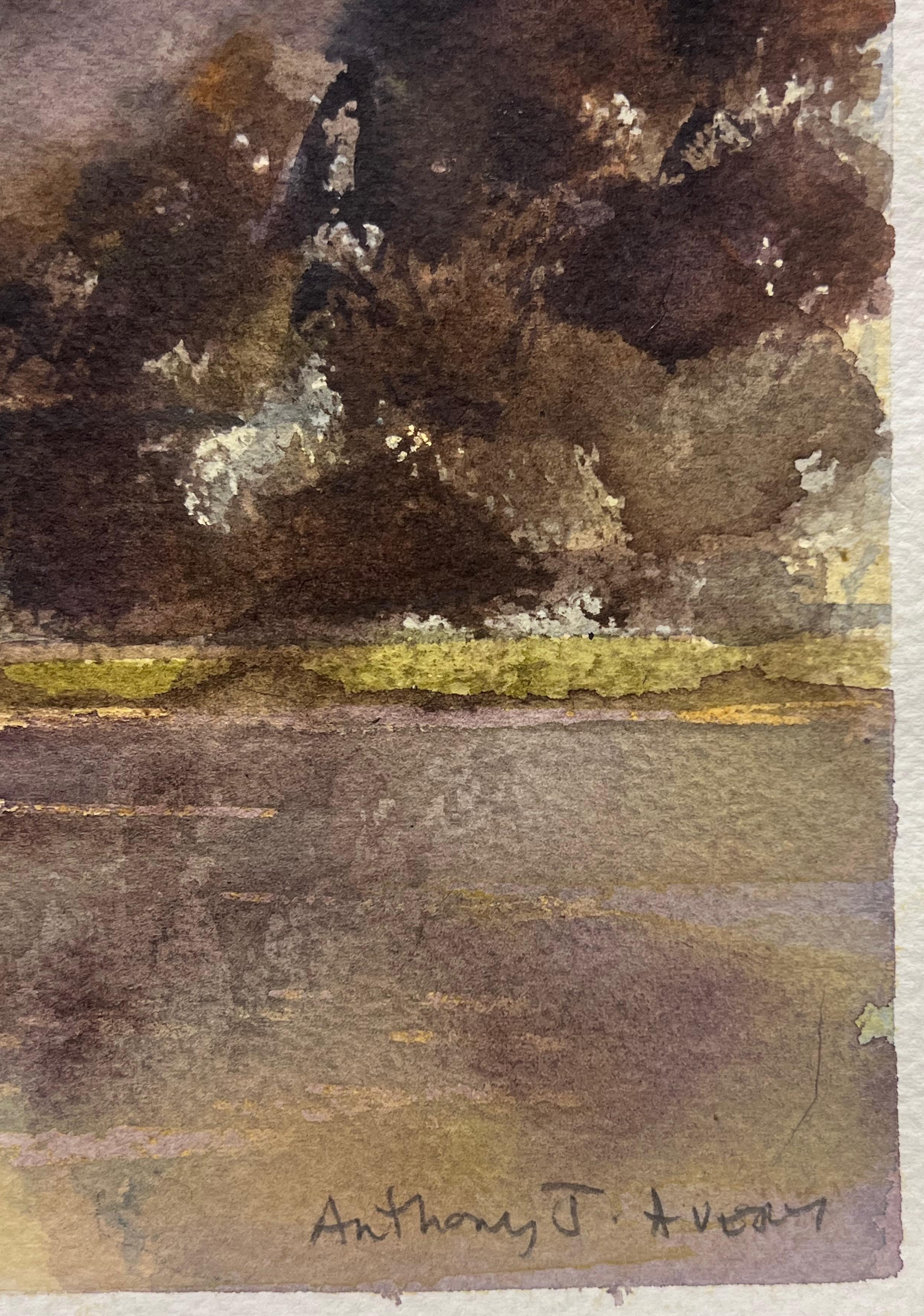 British Original Impressionist Watercolor Atmospheric River Landscape Old Bridge - Gray Landscape Painting by Anthony Avery