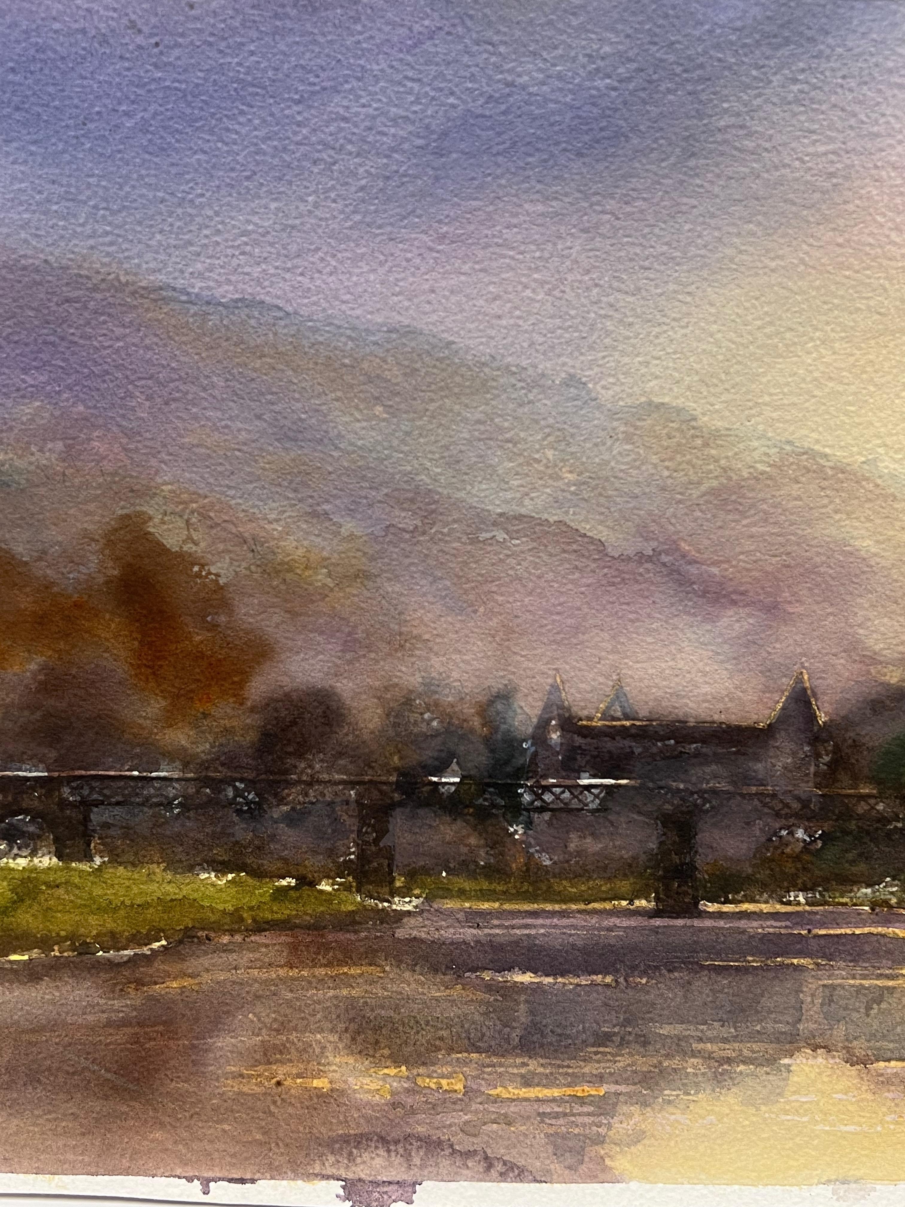 British Original Impressionist Watercolor Atmospheric River Landscape Old Bridge For Sale 1