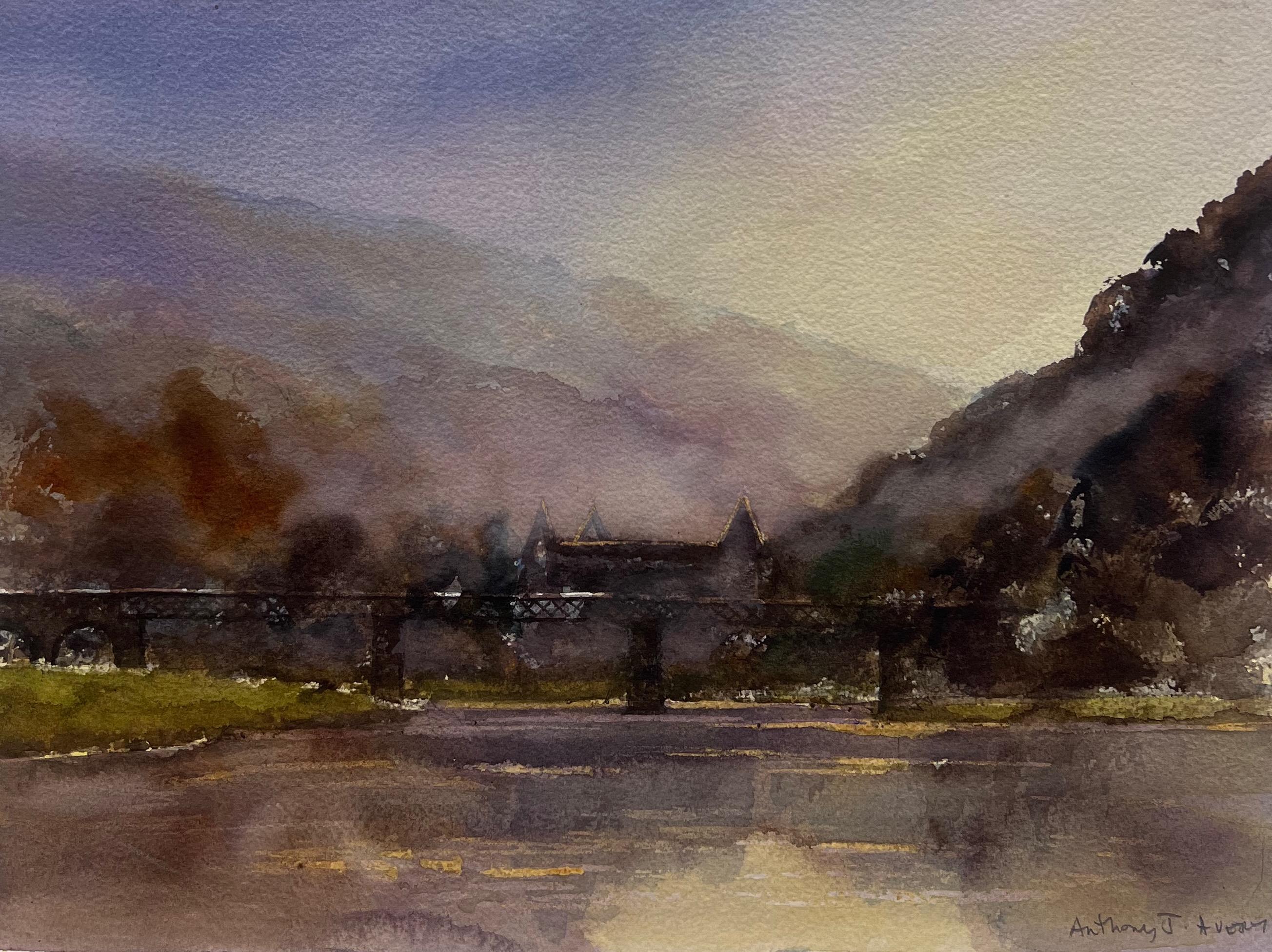 Britische Original-impressionistische Aquarell- atmosphärische Flusslandschaft Old Bridge, Original