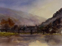 British Original Impressionist Watercolor Atmospheric River Landscape Old Bridge