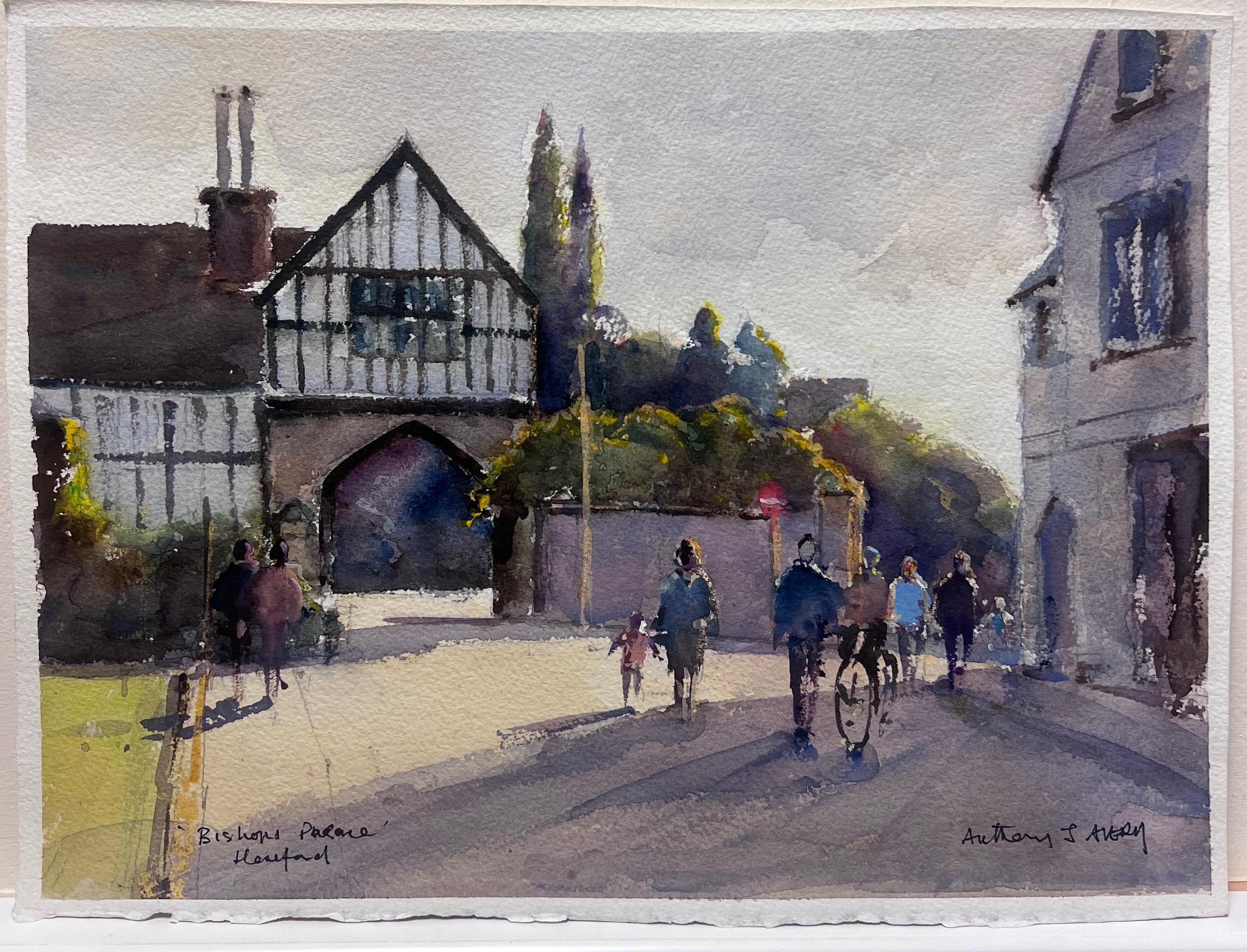 Britisches Original Impressionistisches Aquarell Bishops Palace Hereford Antike Tor, Original – Painting von Anthony Avery