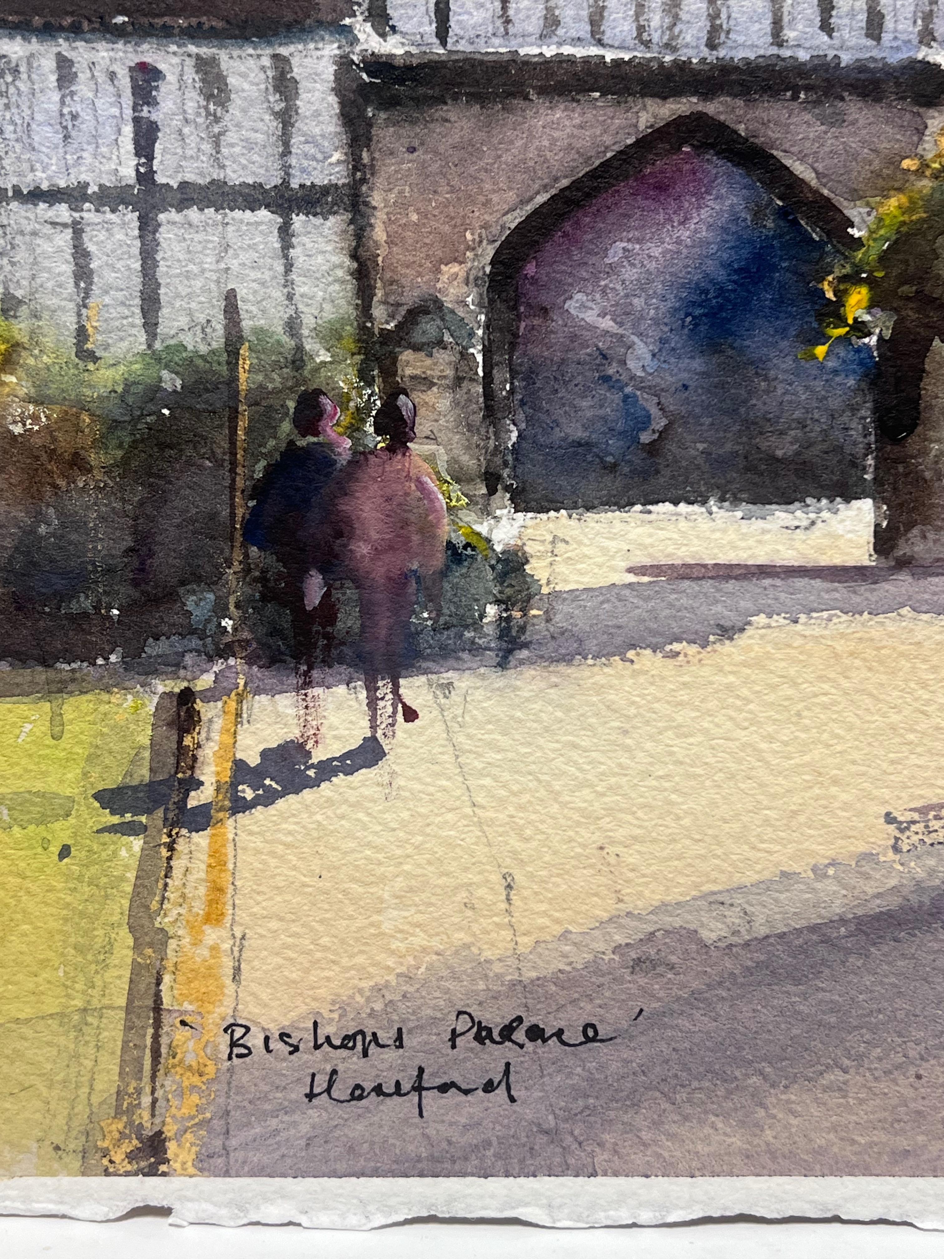 Britisches Original Impressionistisches Aquarell Bishops Palace Hereford Antike Tor, Original (Impressionismus), Painting, von Anthony Avery