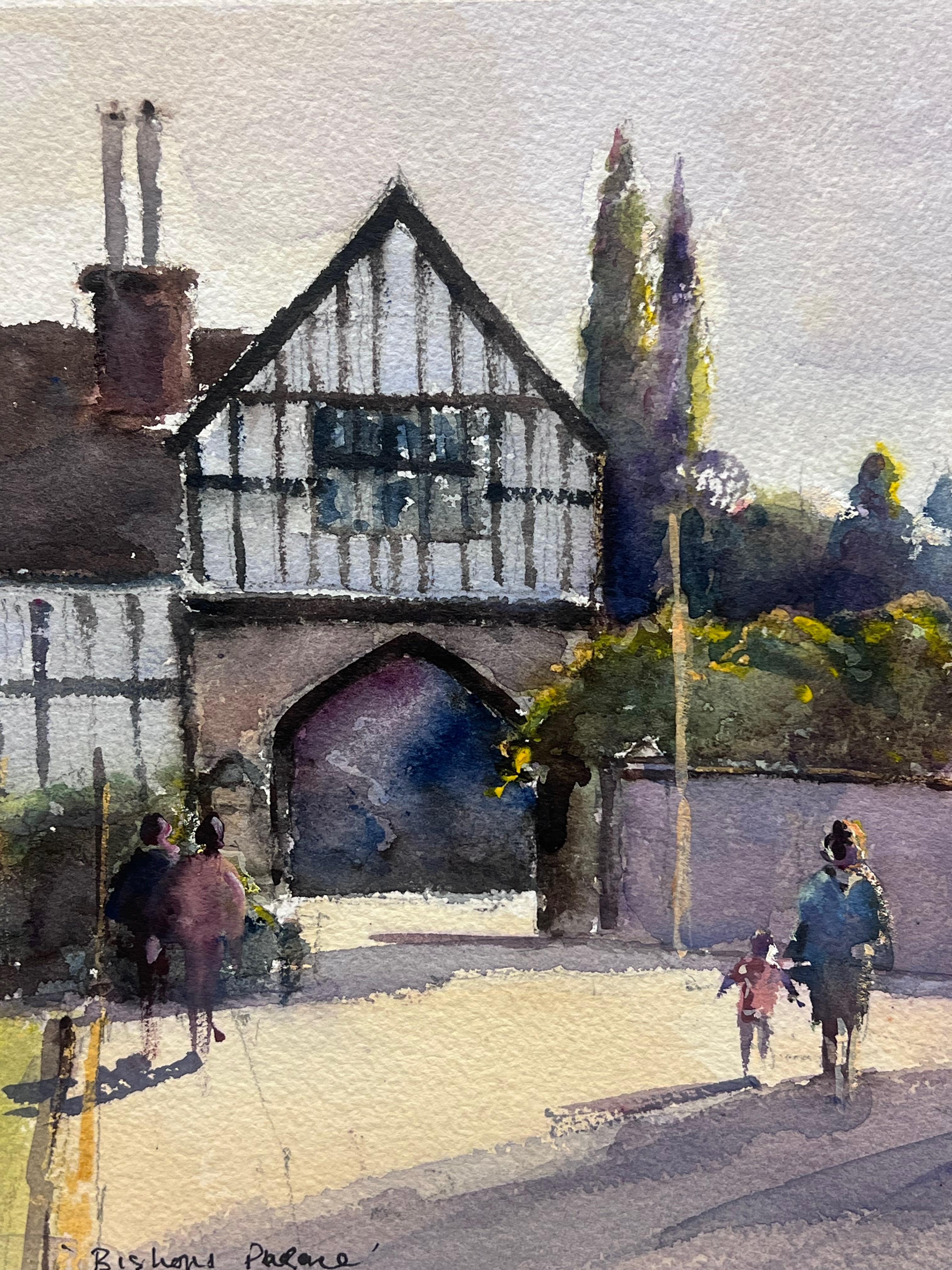 Britisches Original Impressionistisches Aquarell Bishops Palace Hereford Antike Tor, Original (Grau), Landscape Painting, von Anthony Avery