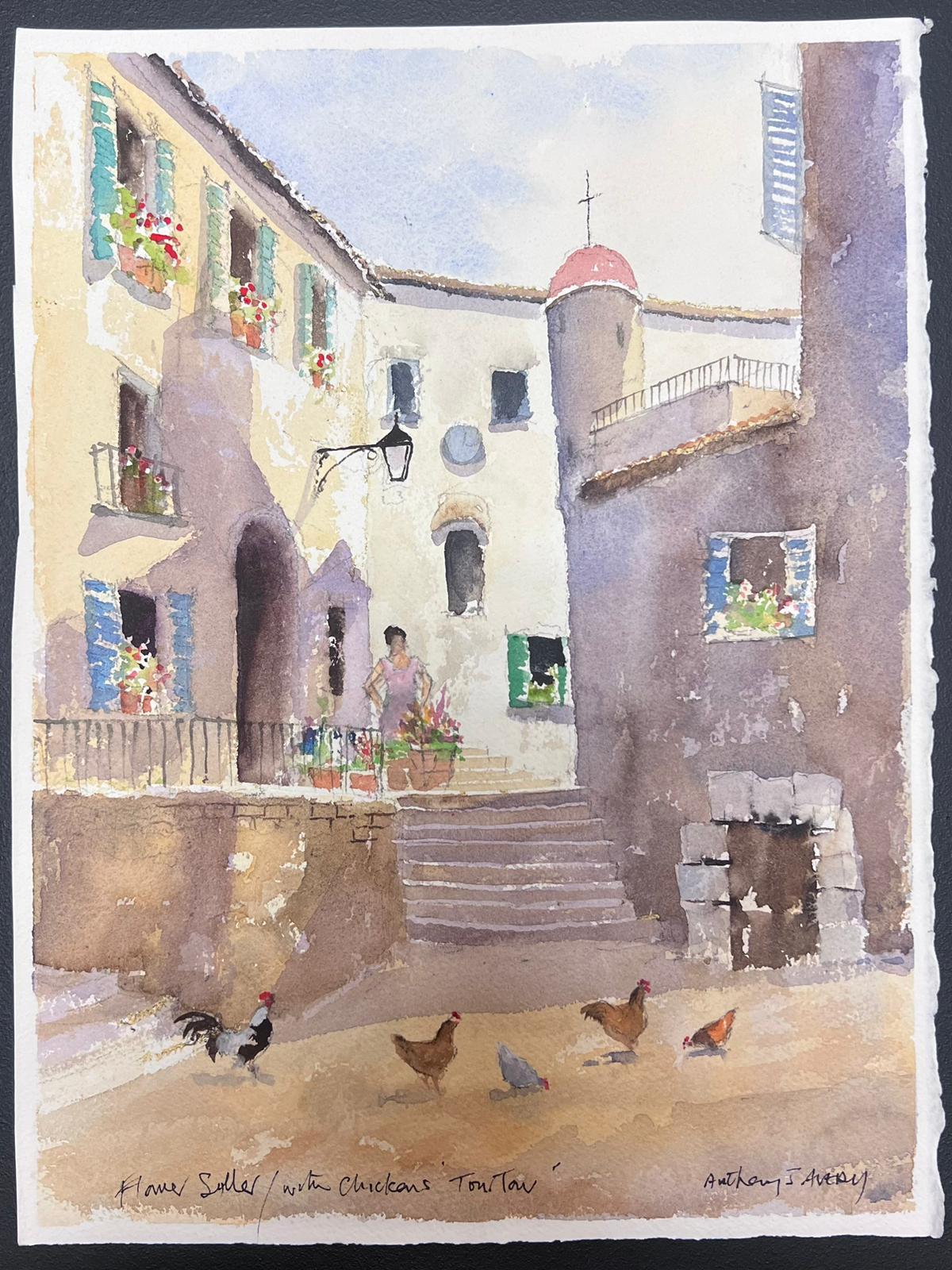 Britisches Original-impressionistisches Aquarell Chickens in a Summer's Day Courtyard, Original – Painting von Anthony Avery