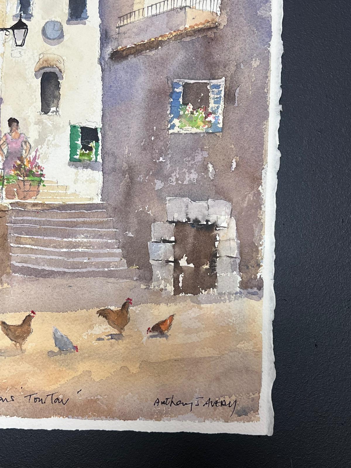 Britisches Original-impressionistisches Aquarell Chickens in a Summer's Day Courtyard, Original (Beige), Landscape Painting, von Anthony Avery