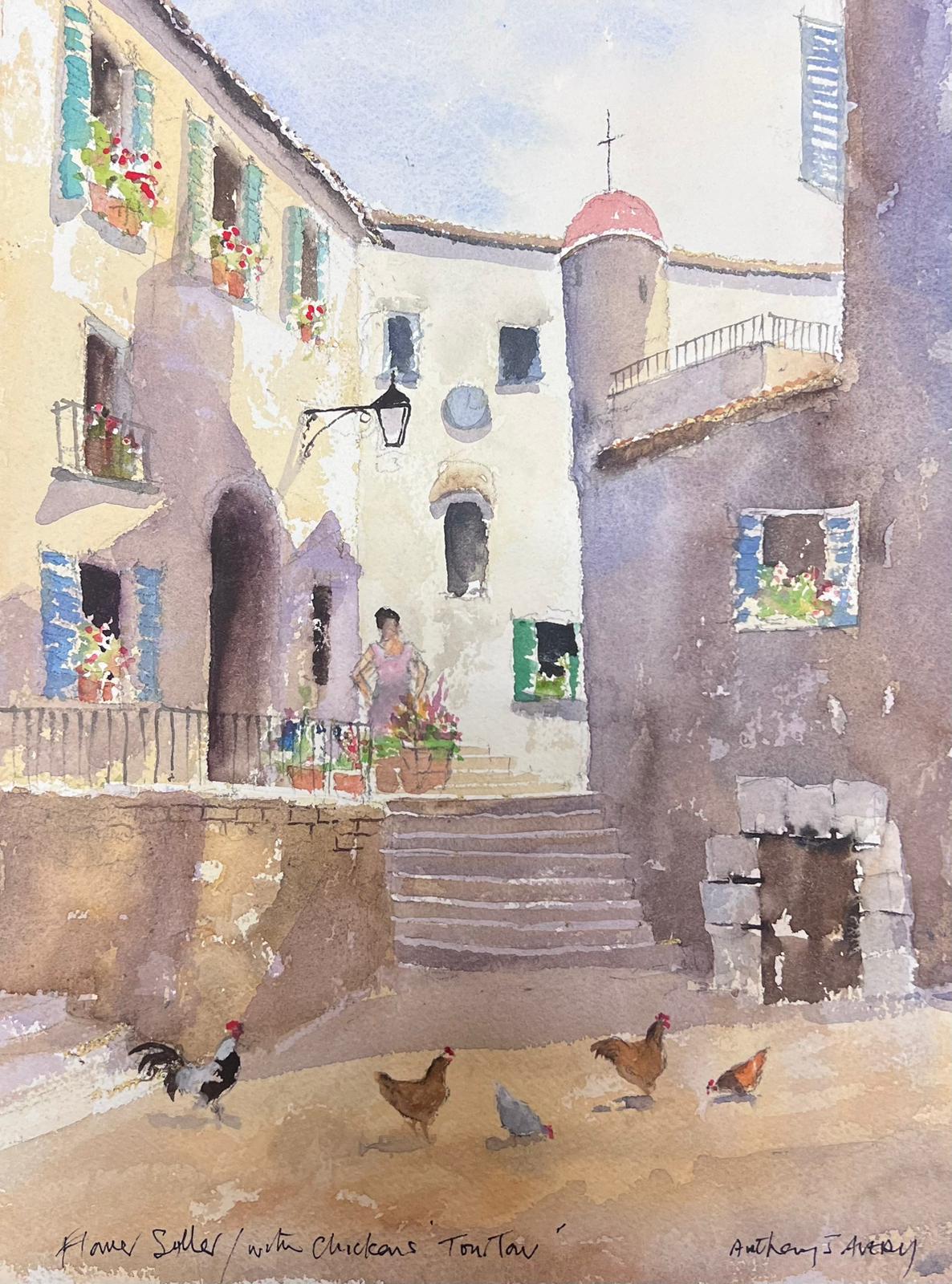 Anthony Avery Landscape Painting – Britisches Original-impressionistisches Aquarell Chickens in a Summer's Day Courtyard, Original