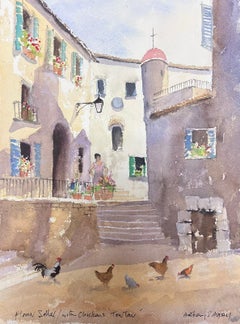 Britisches Original-impressionistisches Aquarell Chickens in a Summer's Day Courtyard, Original