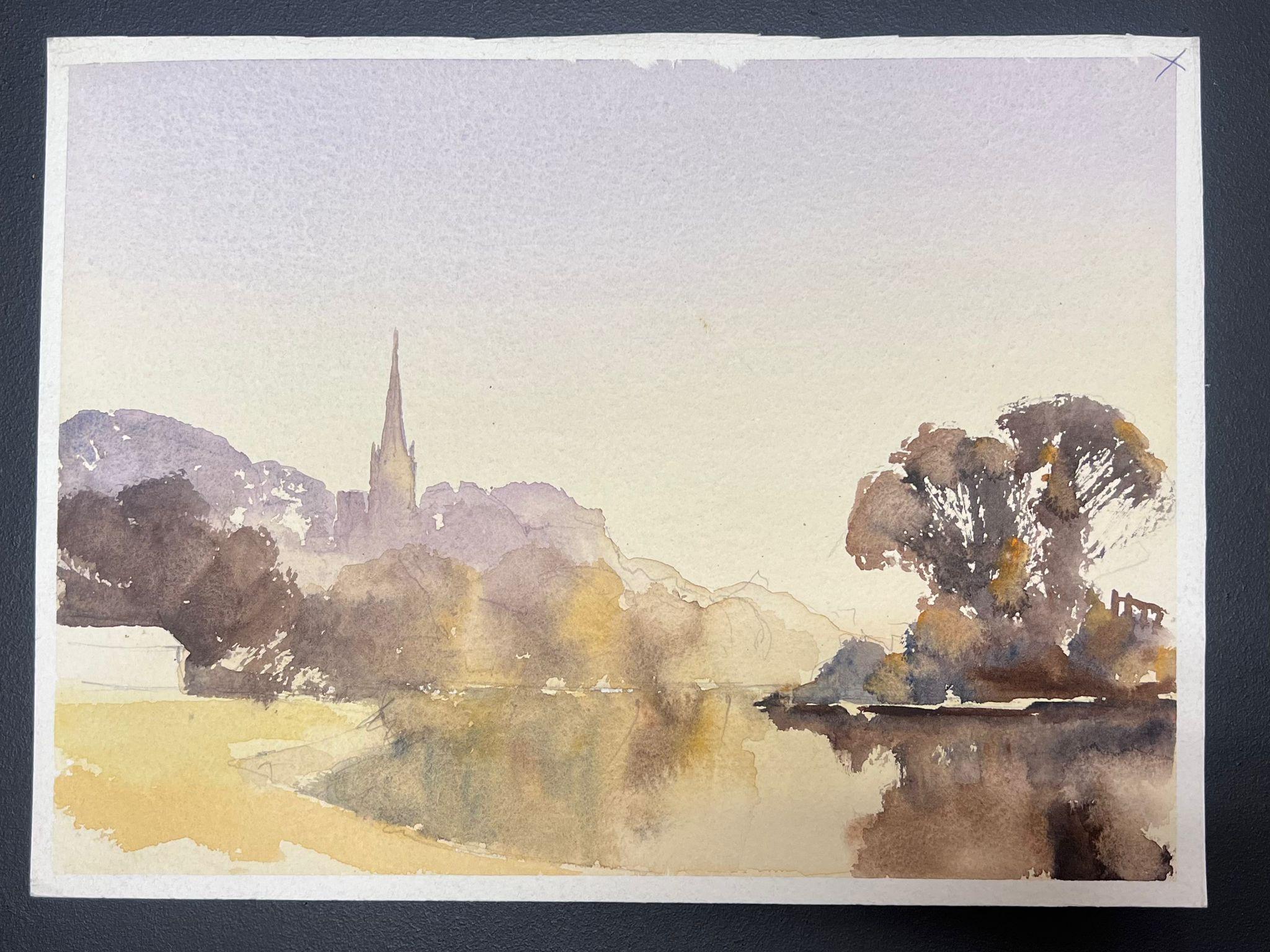 Originale acquerello impressionista britannico: chiesa in lontananza di laghi gialli - Painting di Anthony Avery