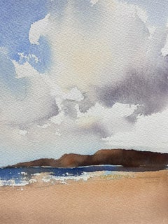 Acuarela Impresionista Original Británica Nubes sobre Playa de Arena Mares Azules