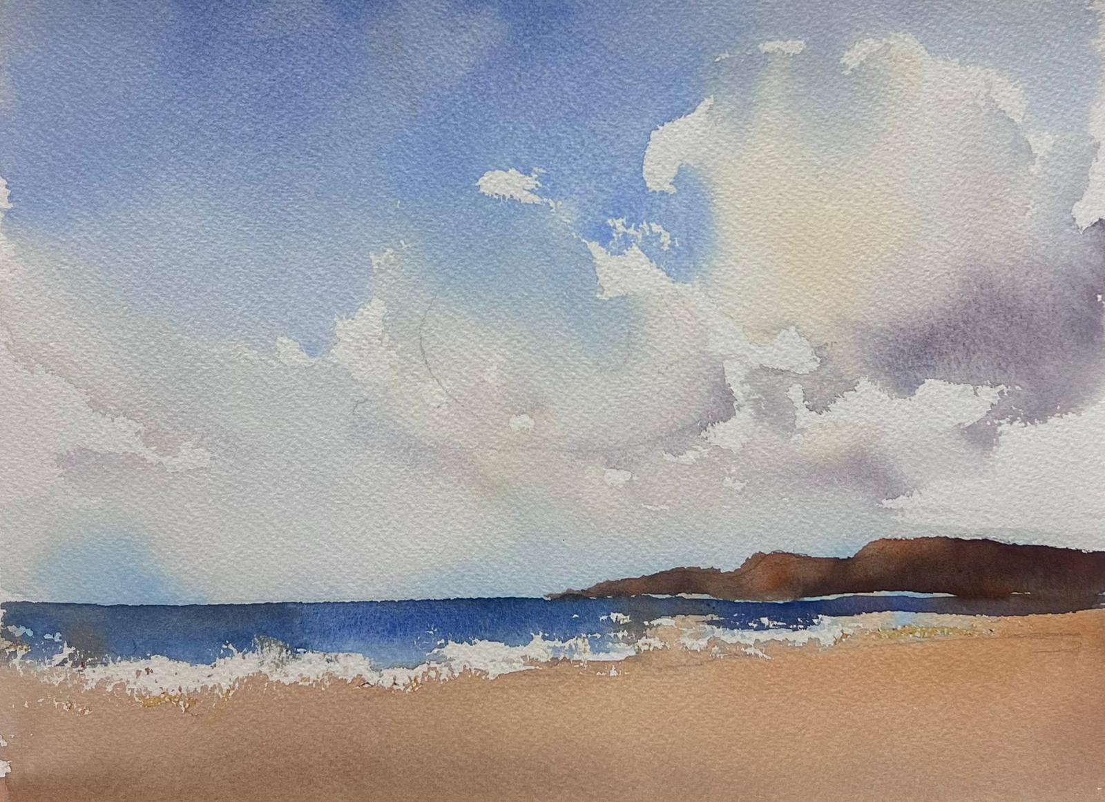 Landscape Painting de Anthony Avery - Acuarela Impresionista Original Británica Nubes sobre Playa de Arena Mares Azules