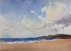 Britisches Original-impressionistisches Aquarell, Original, Wolken über Sand, Strand, blaues Meer, Meer
