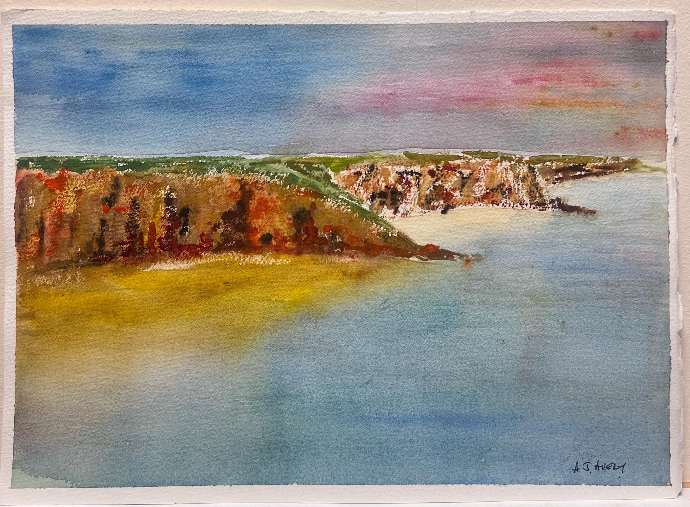 Landscape Painting de Anthony Avery - Paisaje costero con mar y acantilados, acuarela original británica impresionista
