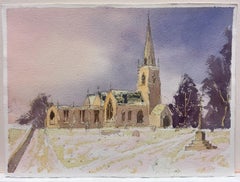 British Original Impressionist Watercolor English Parish Church Winter Snow