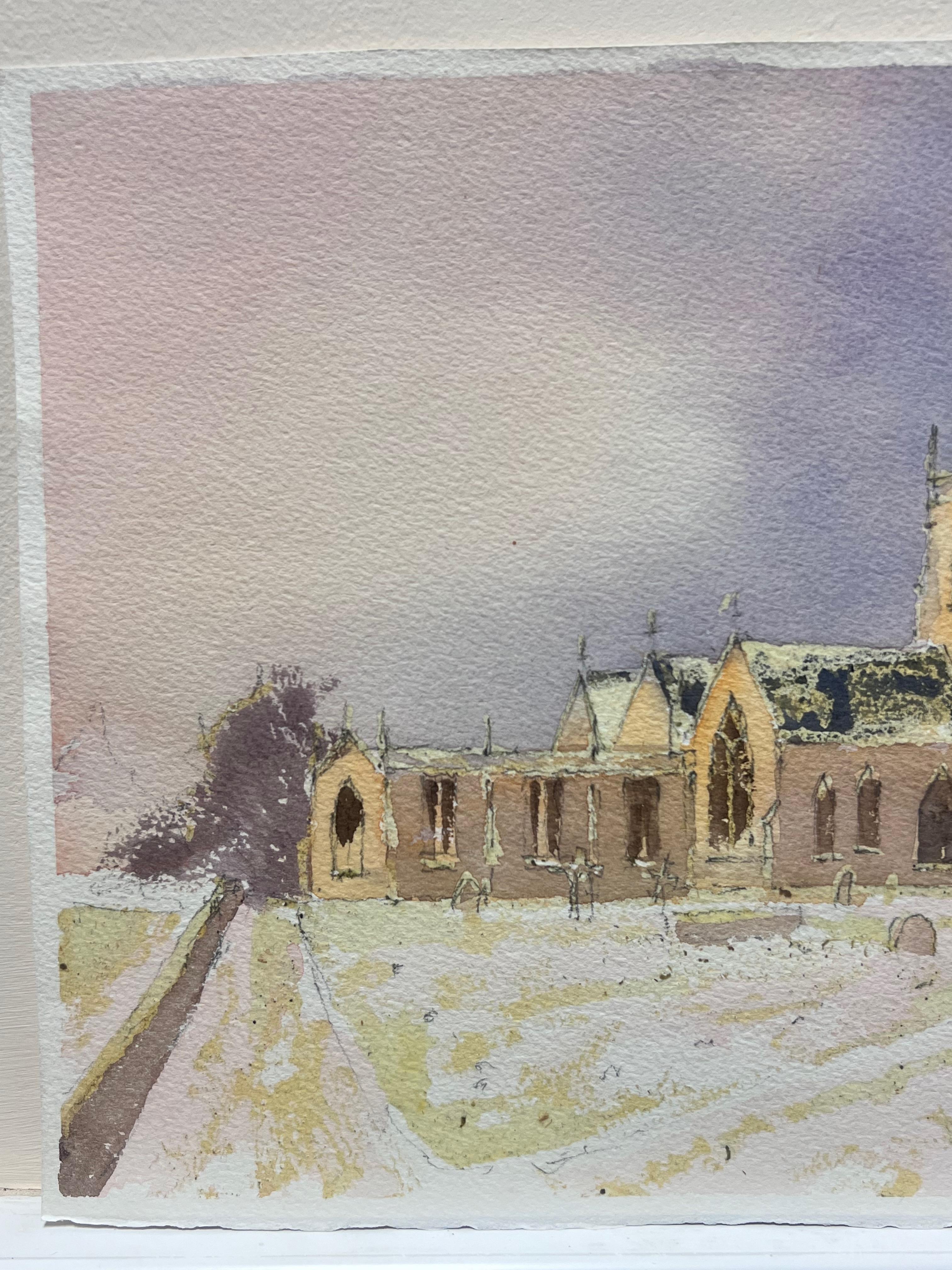 Originale English Impressionist Acquerello Chiesa Parrocchiale Inglese Neve Invernale - Painting Impressionismo di Anthony Avery