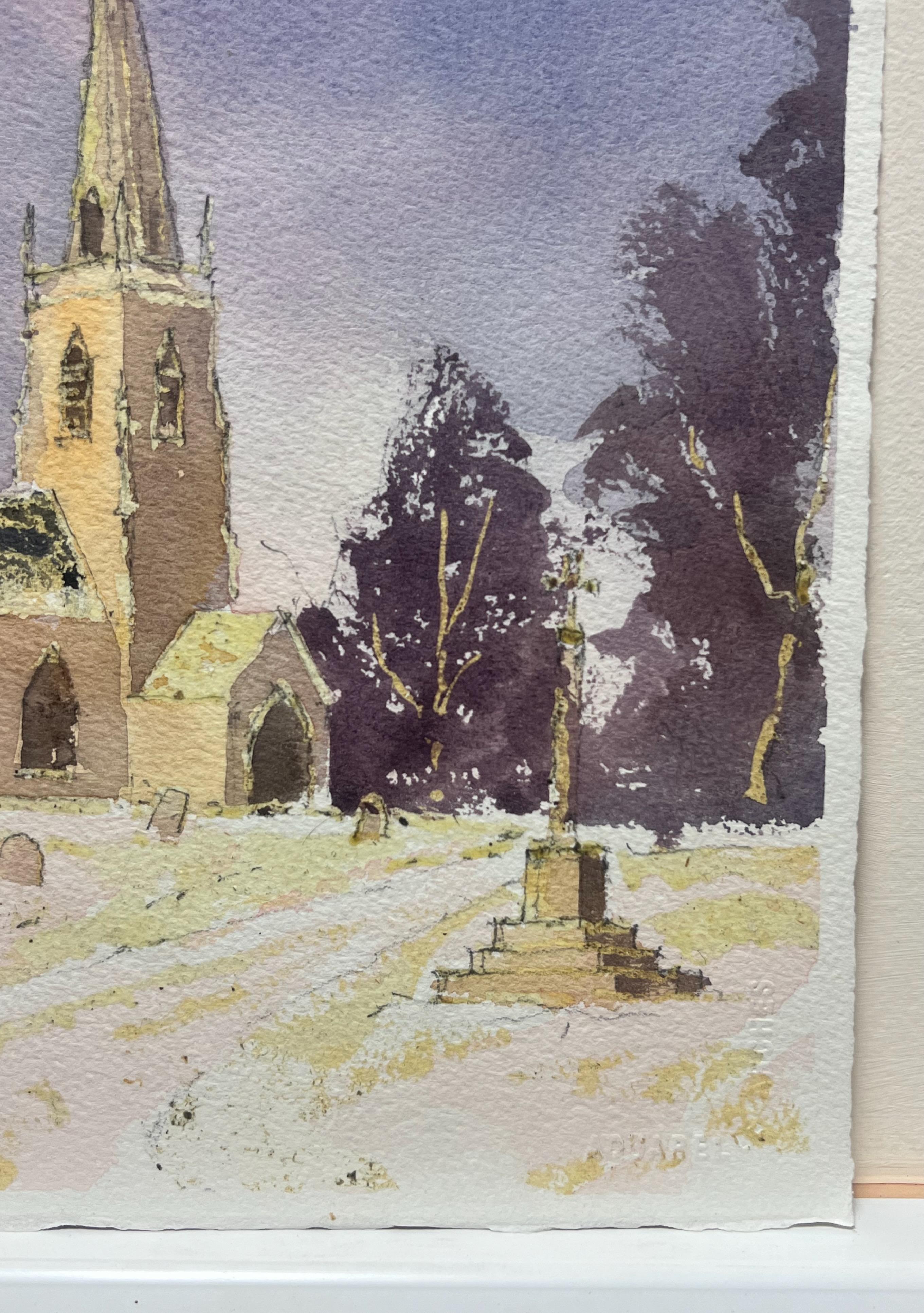 Originale English Impressionist Acquerello Chiesa Parrocchiale Inglese Neve Invernale - Landscape Painting Grigio di Anthony Avery