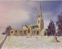 British Original Impressionist Watercolor English Parish Church Winter Snow