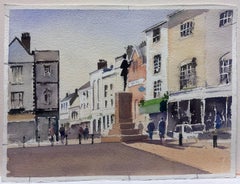 Britisch Original Impressionistisches Aquarell Englischer Marktplatz Square, Original