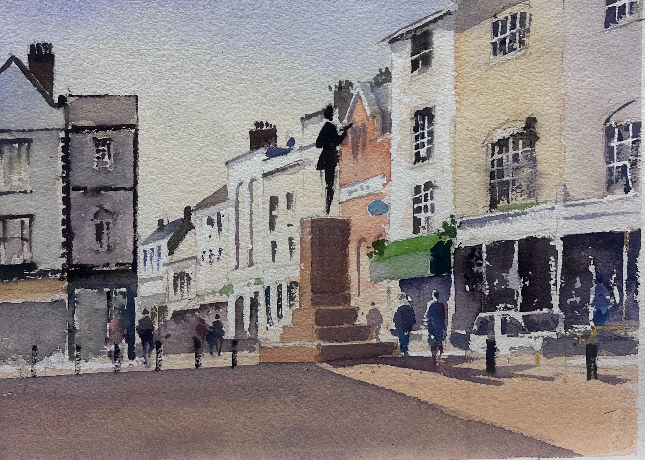 Britisch Original Impressionistisches Aquarell Englischer Marktplatz Square, Original
