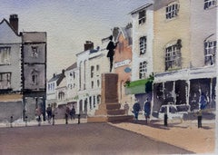 Aquarelle impressionniste britannique originale d'une place de marché de ville anglaise