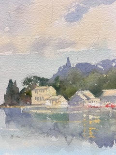 British Original Impressionist Watercolor European Lake Landscape with Houses