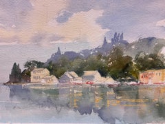 British Original Impressionist Watercolor European Lake Landscape with Houses