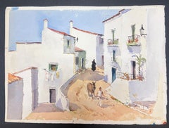 British Original Impressionist Watercolor Figure Walking Donkey Through Village