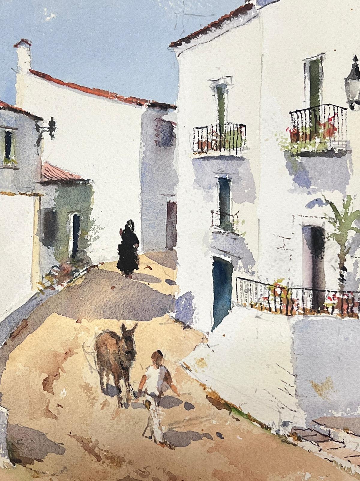 Acquerello impressionista britannico originale Figura che porta a spasso l'asino attraverso il villaggio - Painting Impressionismo di Anthony Avery