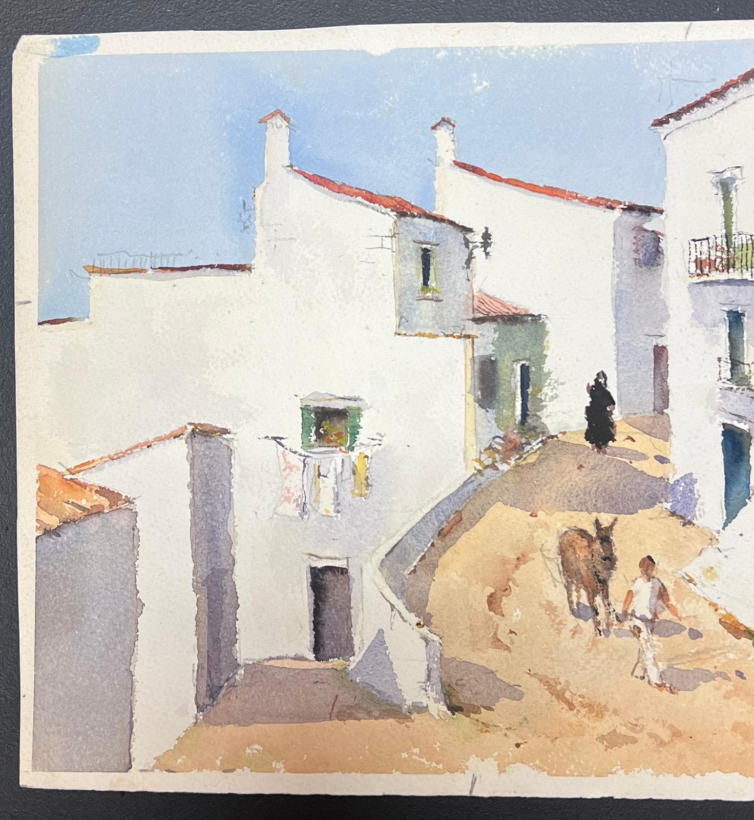 Acquerello impressionista britannico originale Figura che porta a spasso l'asino attraverso il villaggio - Landscape Painting Grigio di Anthony Avery