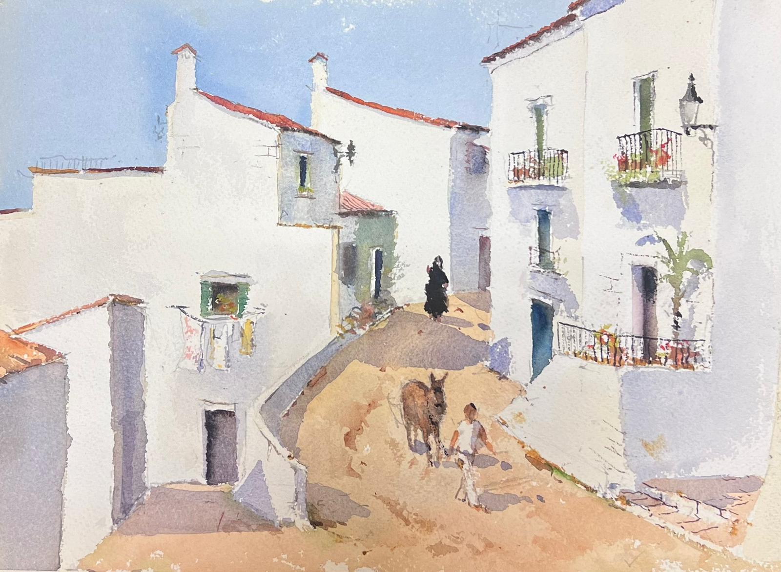 Landscape Painting di Anthony Avery - Acquerello impressionista britannico originale Figura che porta a spasso l'asino attraverso il villaggio