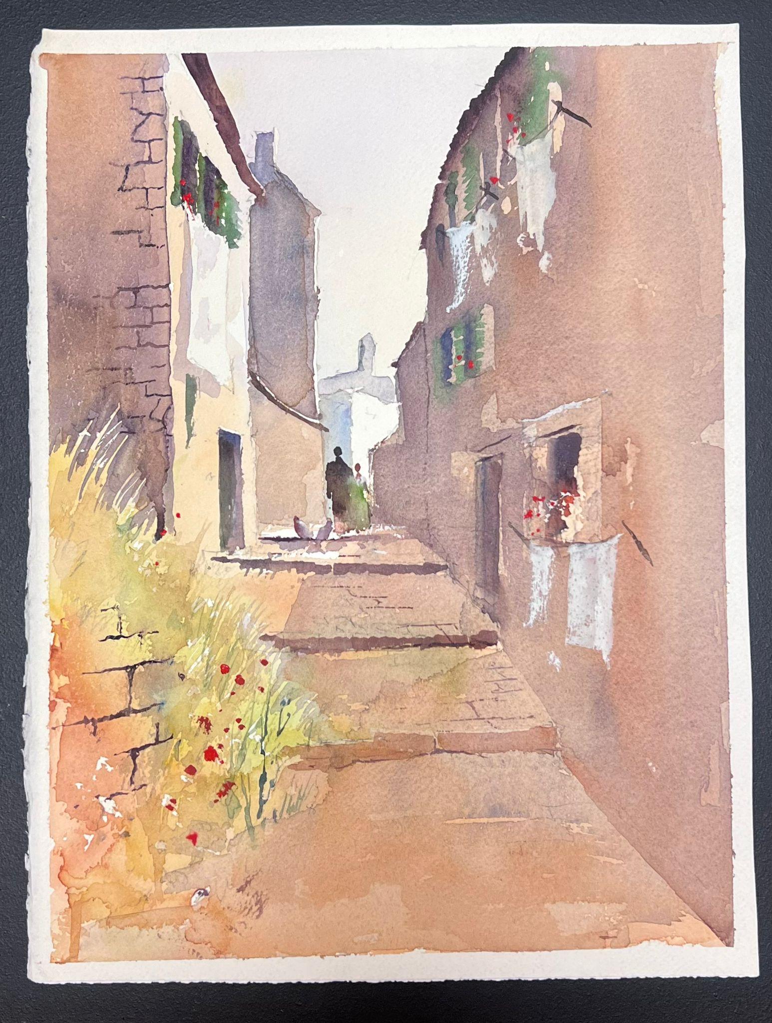 Acquerello impressionista originale britannico Figure che camminano su Sandy Stone Street - Painting di Anthony Avery