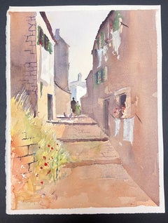 Britisches Original Impressionist Aquarell Figuren Walking Up Sandy Stone Street