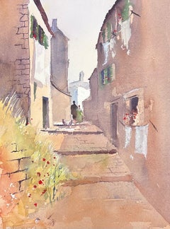 Britisches Original Impressionist Aquarell Figuren Walking Up Sandy Stone Street