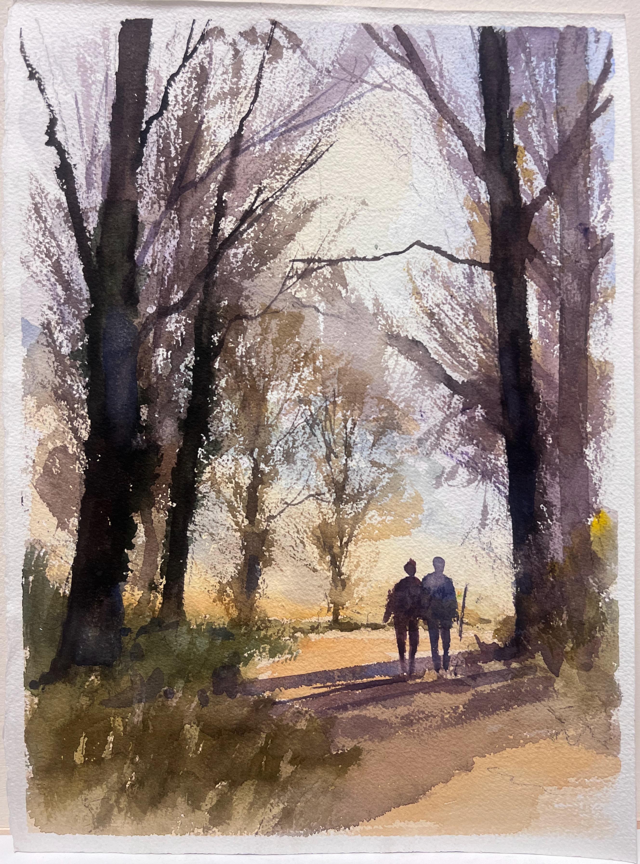 Aquarelle impressionniste originale britannique Figures marchant sur un sentier boisé Crépuscule - Painting de Anthony Avery