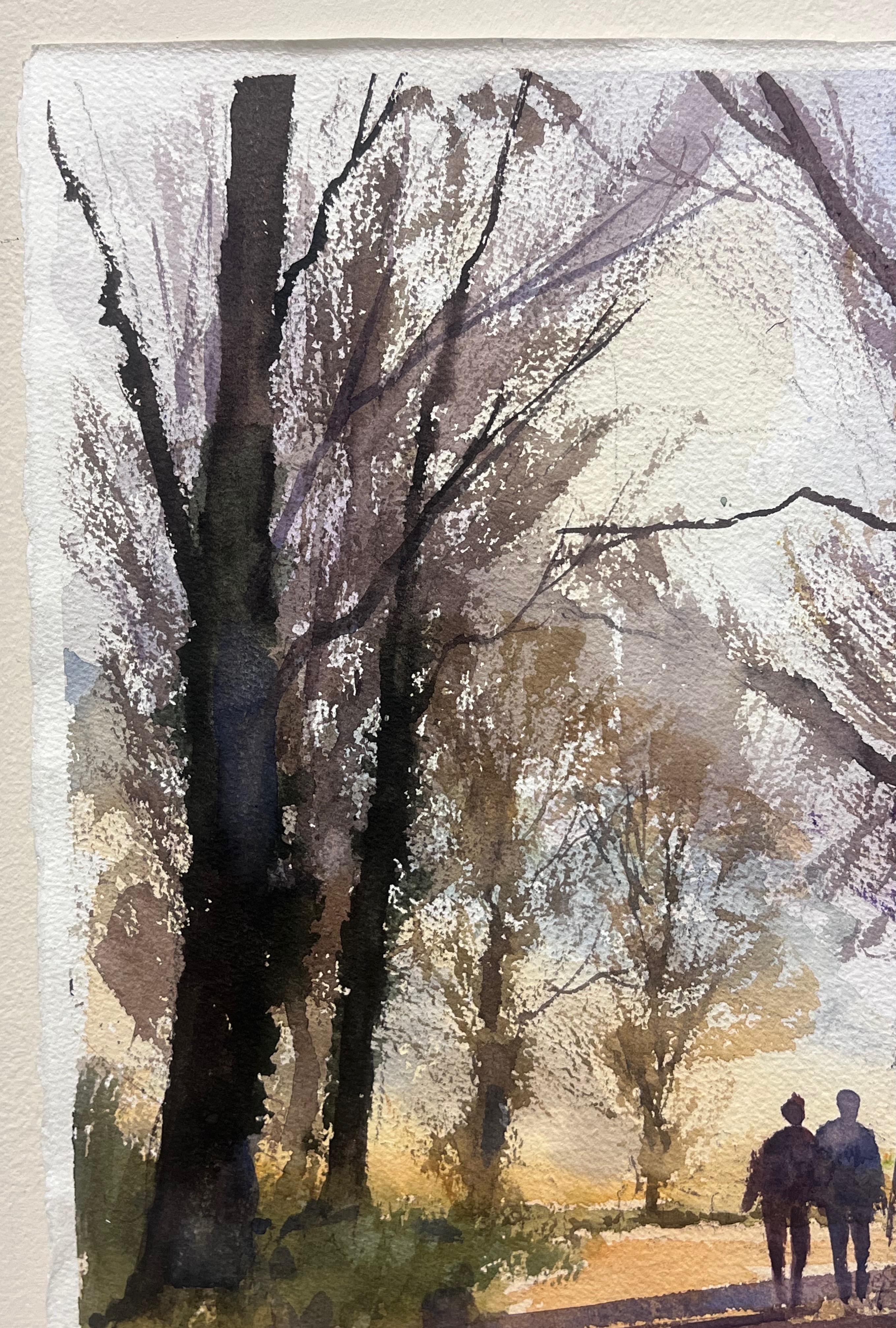 Aquarelle impressionniste originale britannique Figures marchant sur un sentier boisé Crépuscule - Impressionnisme Painting par Anthony Avery