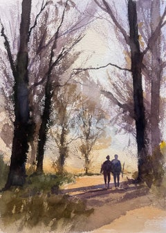British Original Impressionist Watercolor Figures Walking Woodland Pathway Dusk