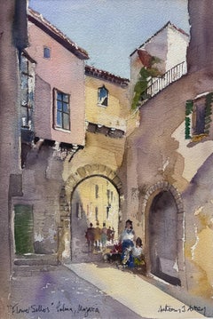 Britische Original Impressionist Aquarell Blumen Sellers in Palma Mallorca