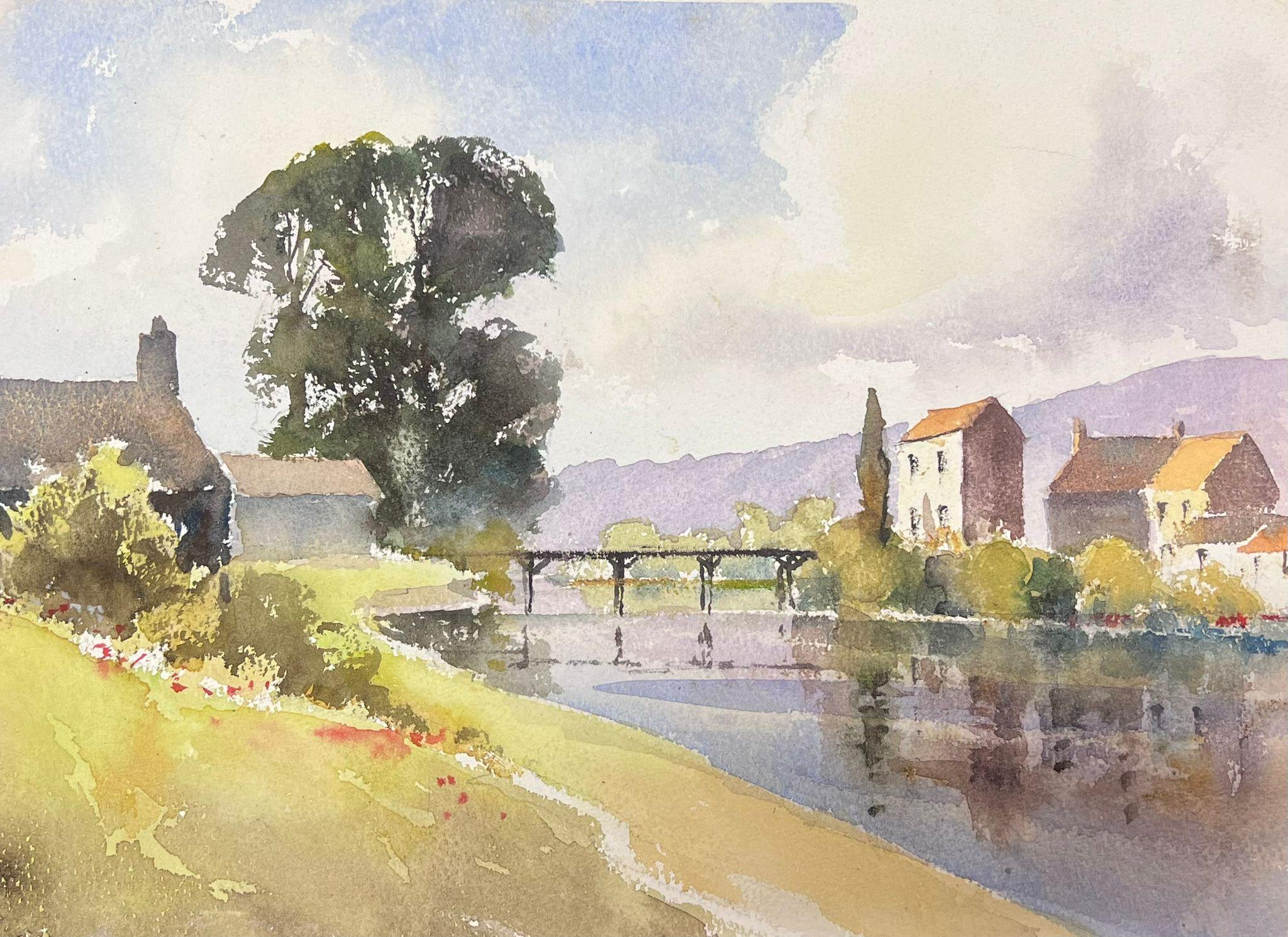 Britische Original-impressionistische Aquarell-Industriebrücke über Sommer Fluss, Original