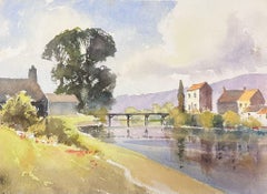 British Original Impressionist Watercolor Industrial Bridge Over Summer River
