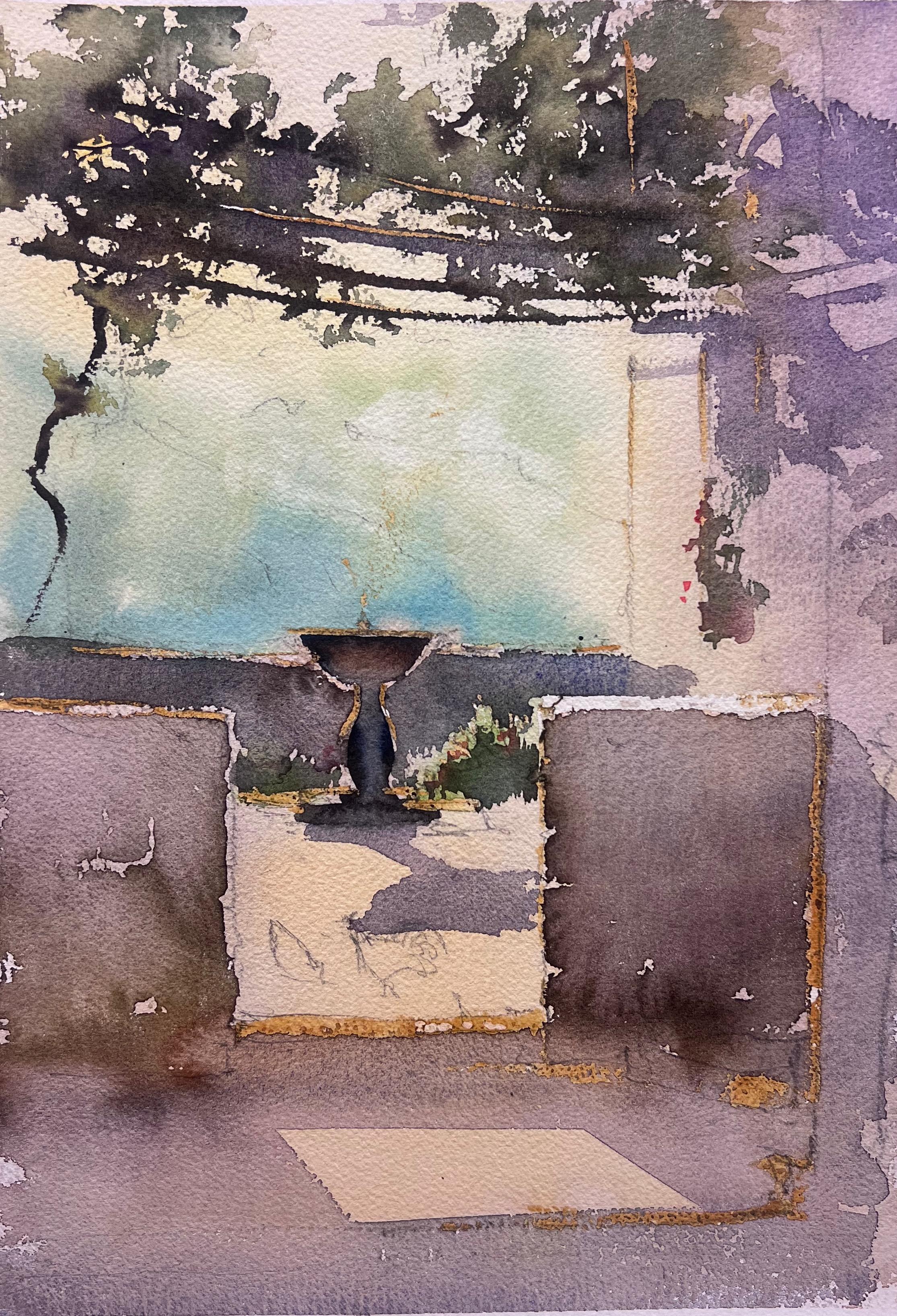 Britisches Original-impressionistisches Aquarell Italienischer Garten-Terrassenbalkon, Original-Aquarell