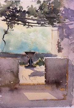 British Original Impressionist Watercolor Italianate Garden Terrace Balcony