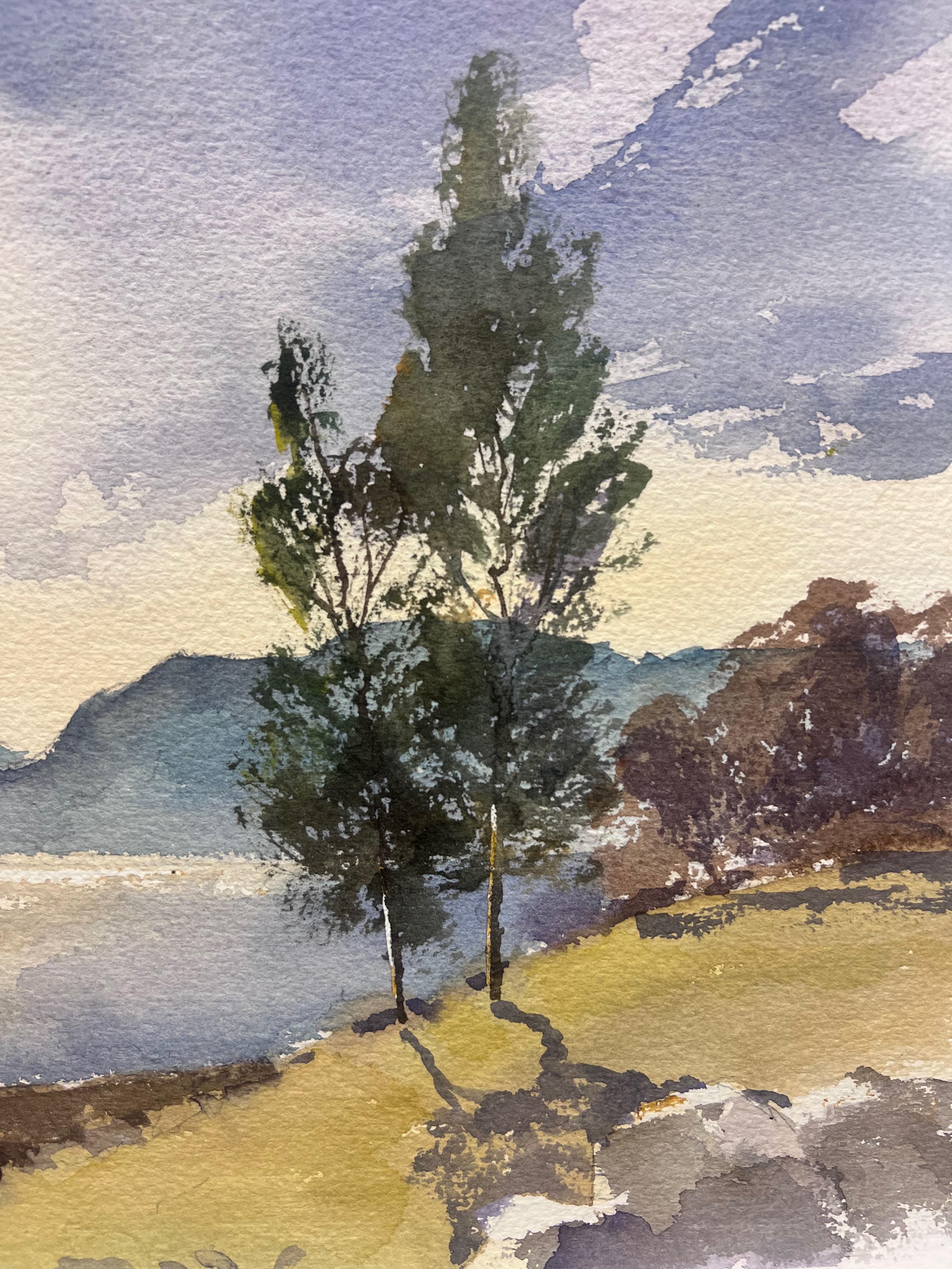 Offene Landschaftsansicht des britischen Original-impressionistischen Aquarells des Lake District (Grau), Landscape Painting, von Anthony Avery