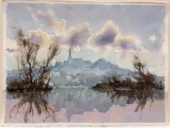 Britisches Original-impressionistisches Aquarell, Misty River Landscape, Kirchenansicht, Church Town View